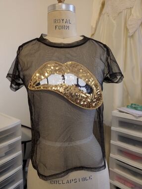 Black Sheer Mesh Tee with Gold Sequin Lip Applique